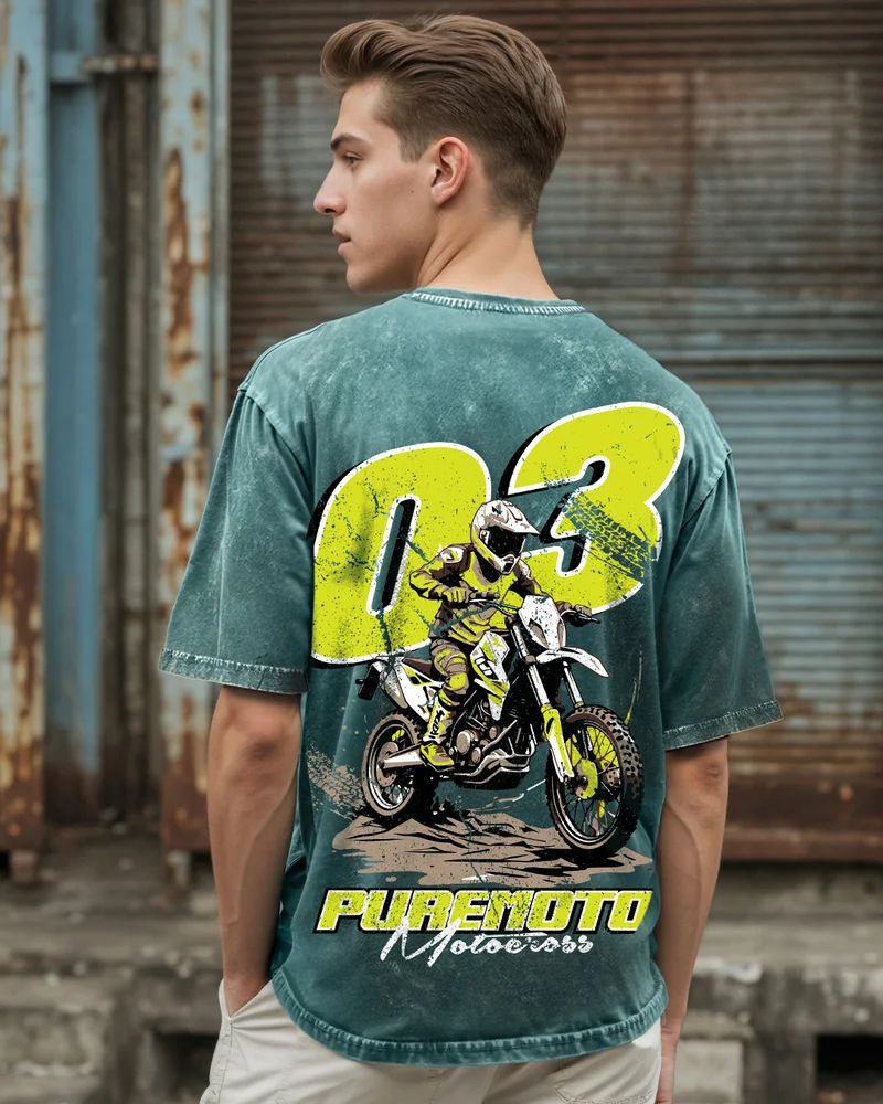 بيواكوف Men's Dark Sea Green Pure Moto Graphic Printed Oversized Acid Wash T-shirt